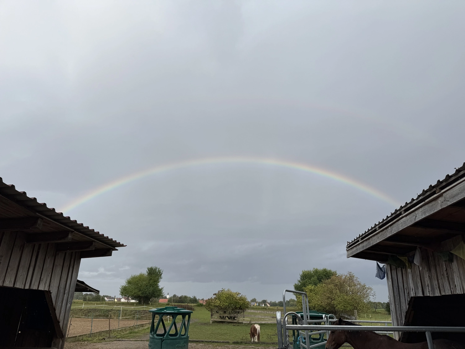 Stanglhof Sengkofen – Bauernhof – ein doppelter Regenbogen, der sich zwischen zwei rustikalen Holzscheunen über den Himmel spannt.